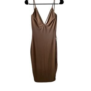 NWT Charlotte Russe Tan Bodycon Midi Dress Women Size Sm Super Stretch Open Back